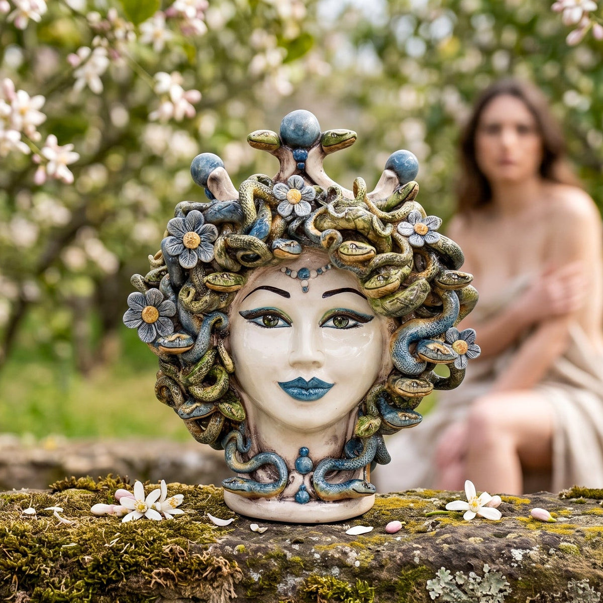 Testa Medusa con fiori h 30 cm - Madreperla Colorato, Mono Blu | Ceramica Caltagirone