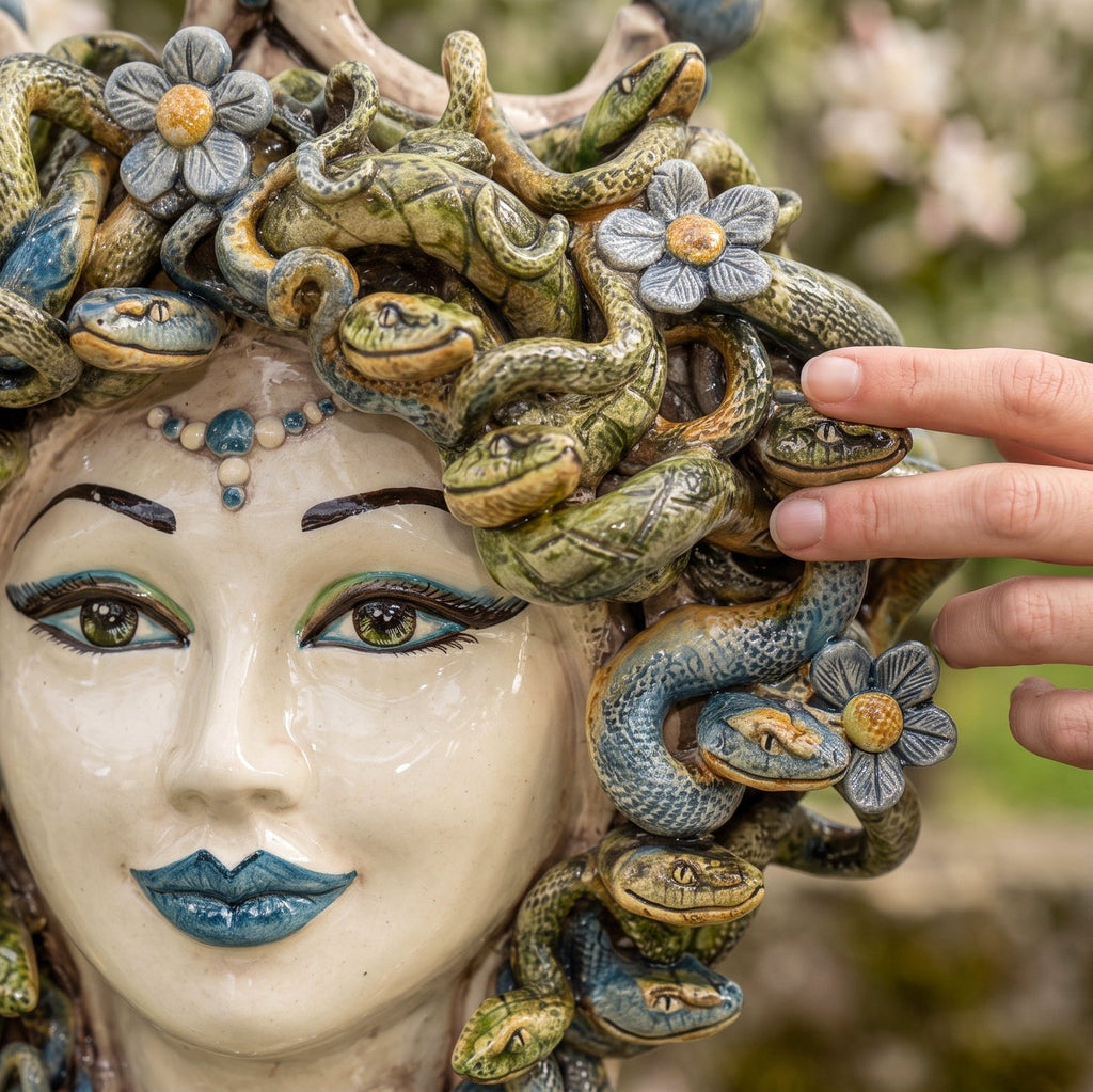 Detail des Medusenkopfs mit Blumen: grüne Schlangen, blaue Blüten und handbemalte blaue Lippen