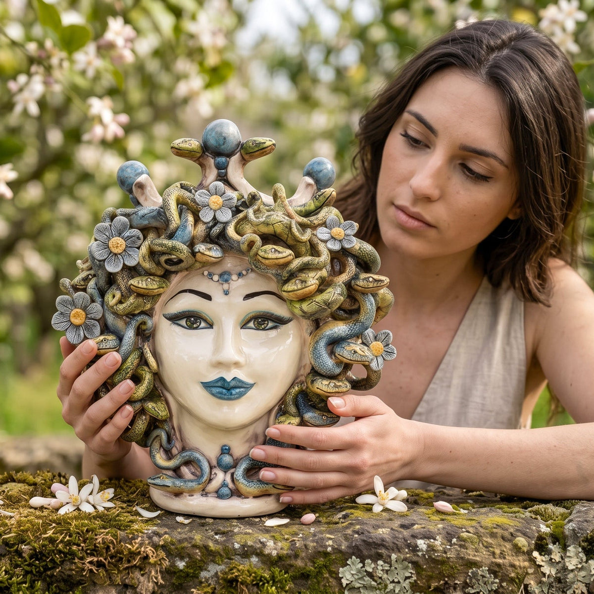 Testa Medusa con fiori h 30 cm - Madreperla Colorato, Mono Blu | Ceramica Caltagirone