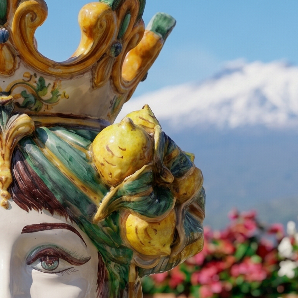 Handcrafted Teste di Moro ceramic with lemon adornment, vibrant colors, and mountain backdrop