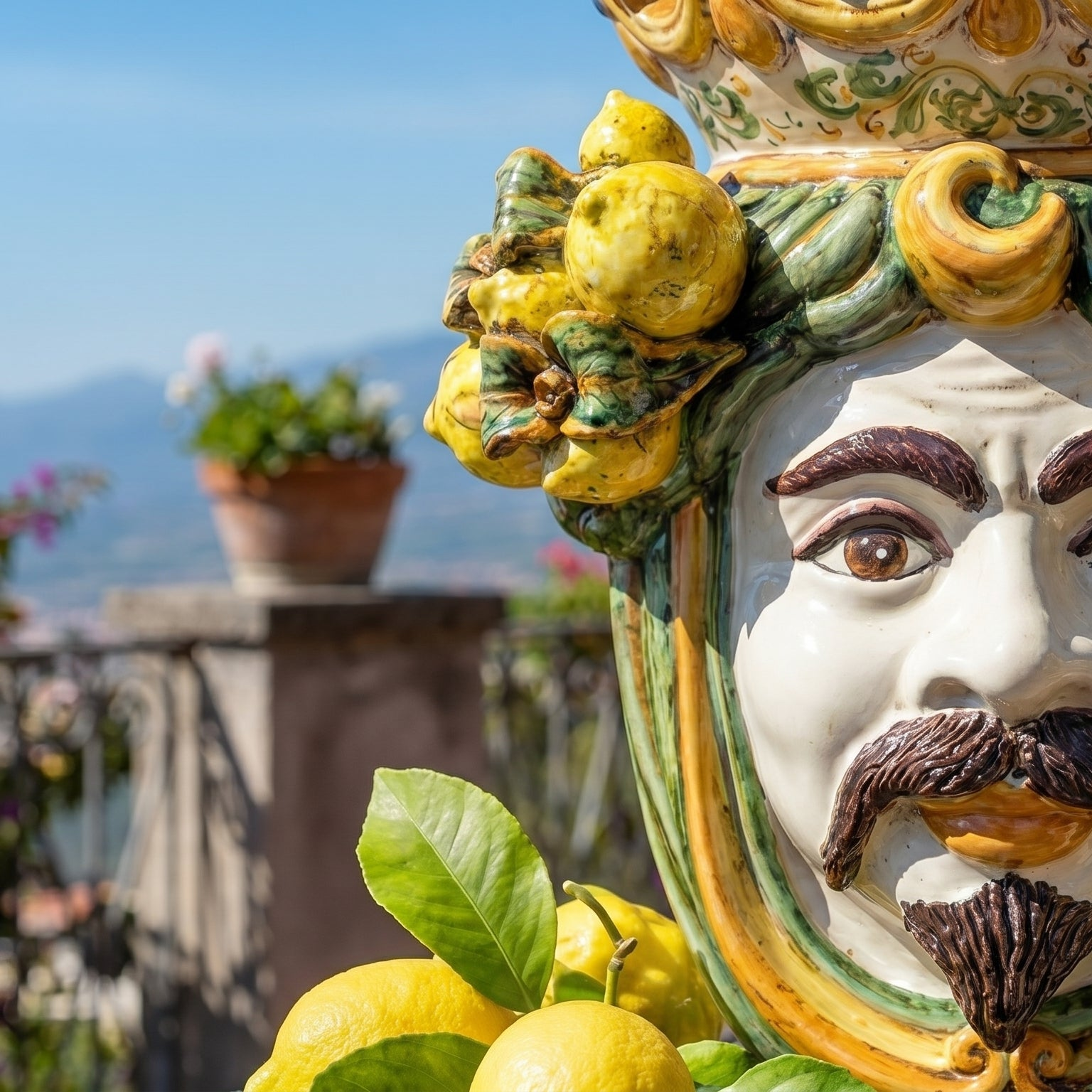 Handcrafted Teste di Moro ceramic with lemons, vibrant colors, and traditional Sicilian design for home decor.