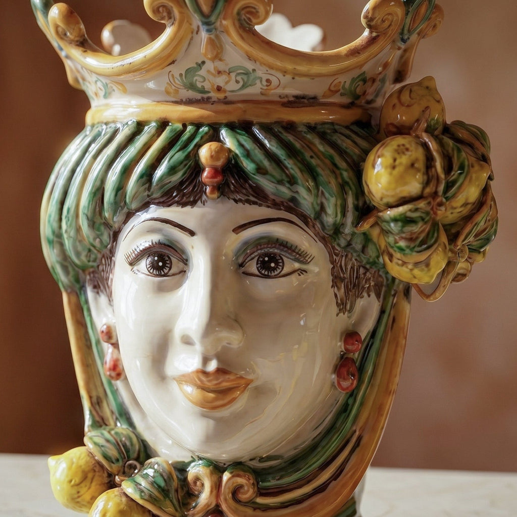 Handcrafted Teste di Moro ceramic vase with vibrant green, yellow, and red details, featuring a crowned face and lemon accents.