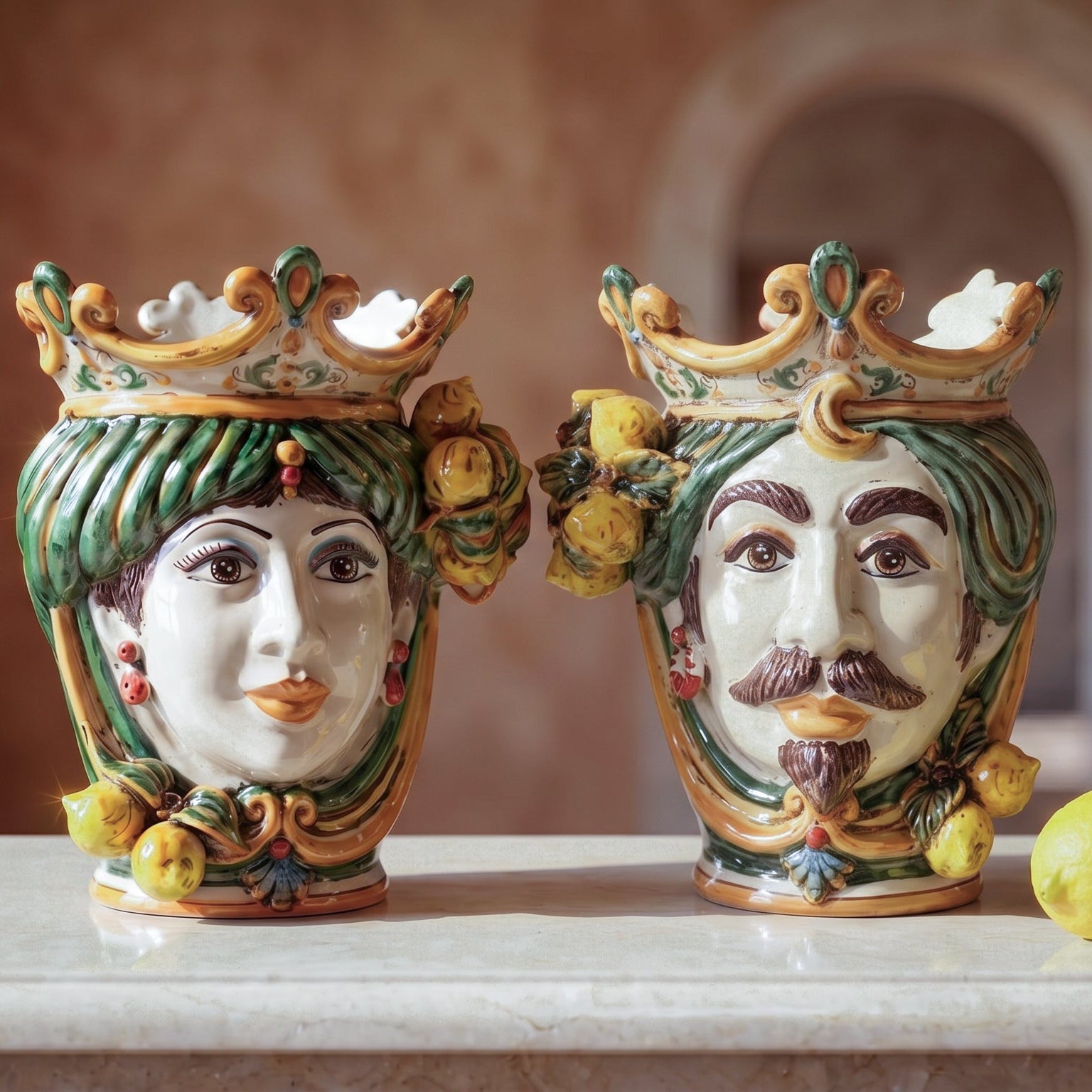 Handmade Teste di Moro ceramic vases with crowned faces, lemon accents, and vibrant Sicilian design