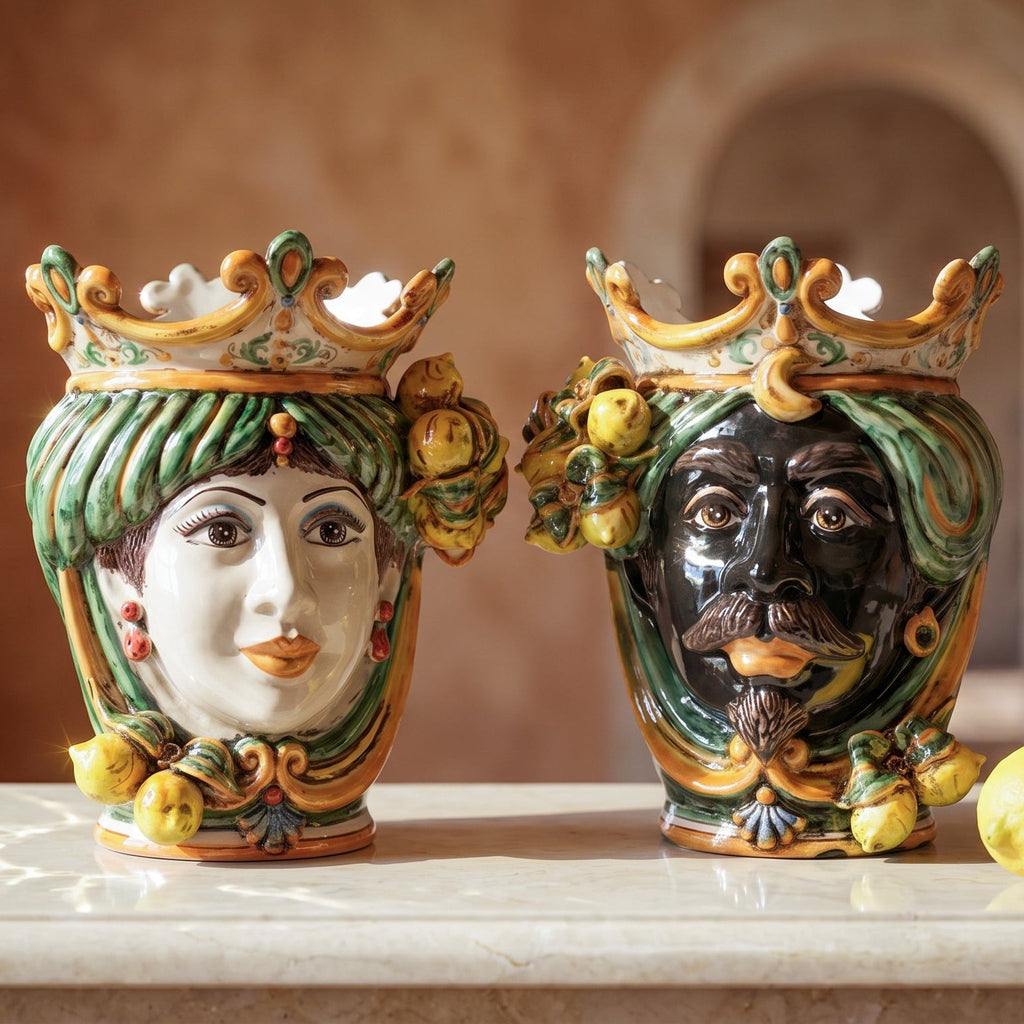 Handmade Teste di Moro ceramic vases with crowned faces, vibrant colors, and lemon accents for home decor