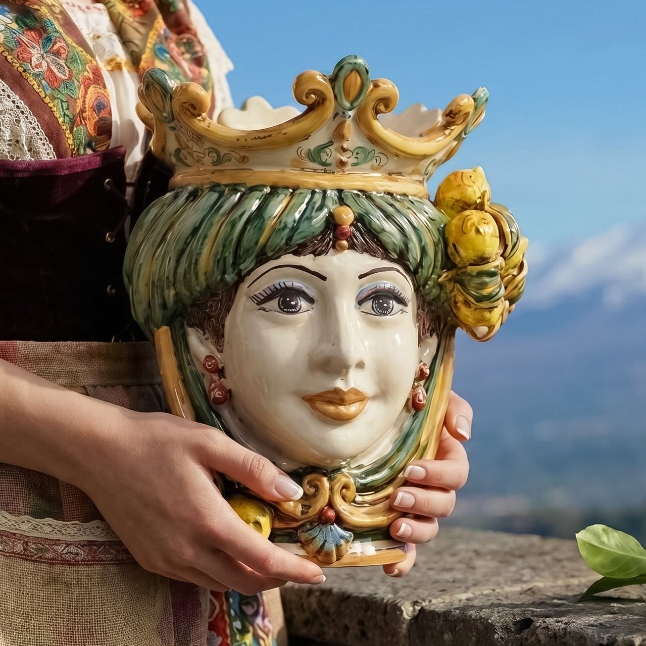 Hand-painted Teste di Moro ceramic vase with crown, held outdoors against blue sky