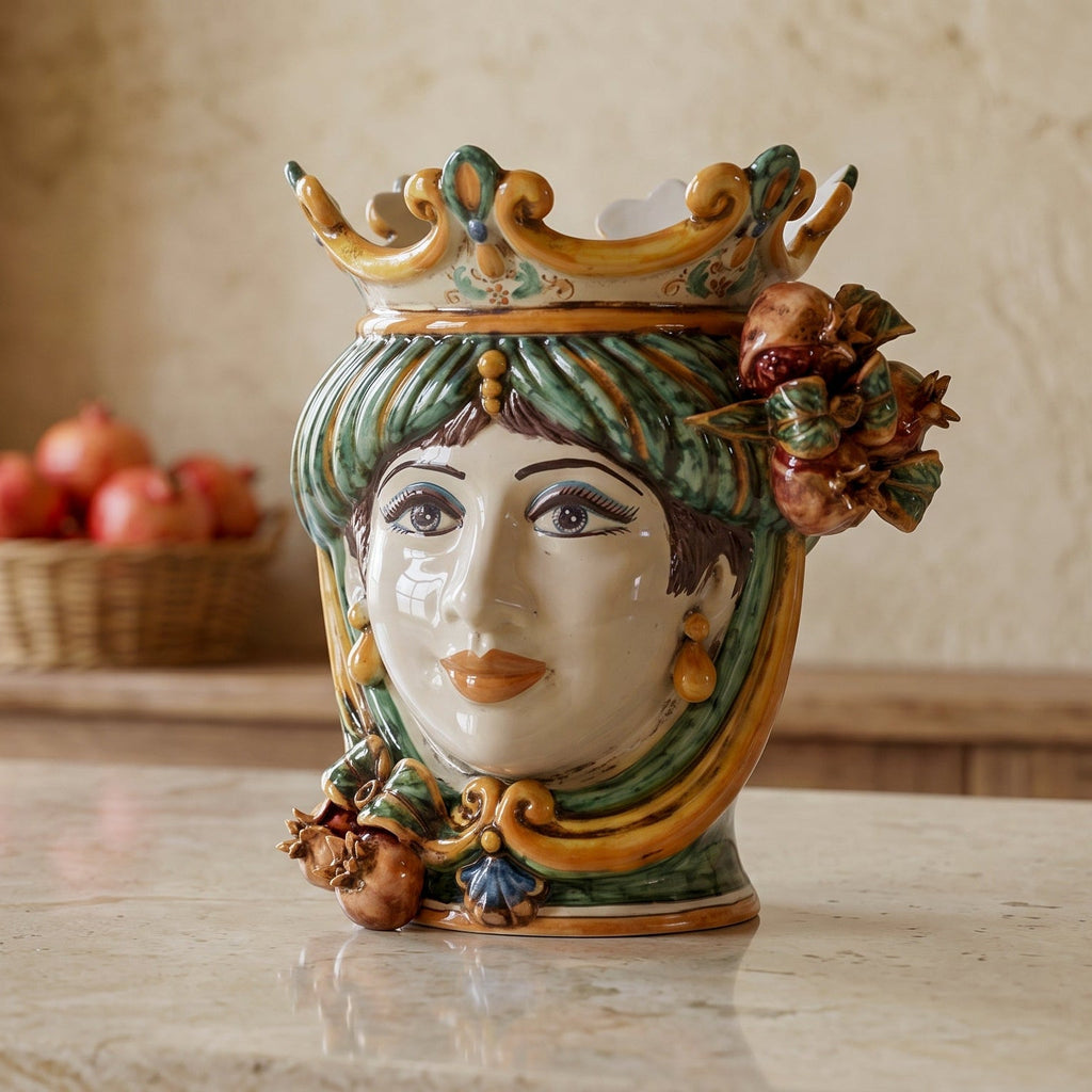 Testa di Moro con Melograni, Donna, Verde e Arancio, corona. Ceramiche Sofia, Caltagirone