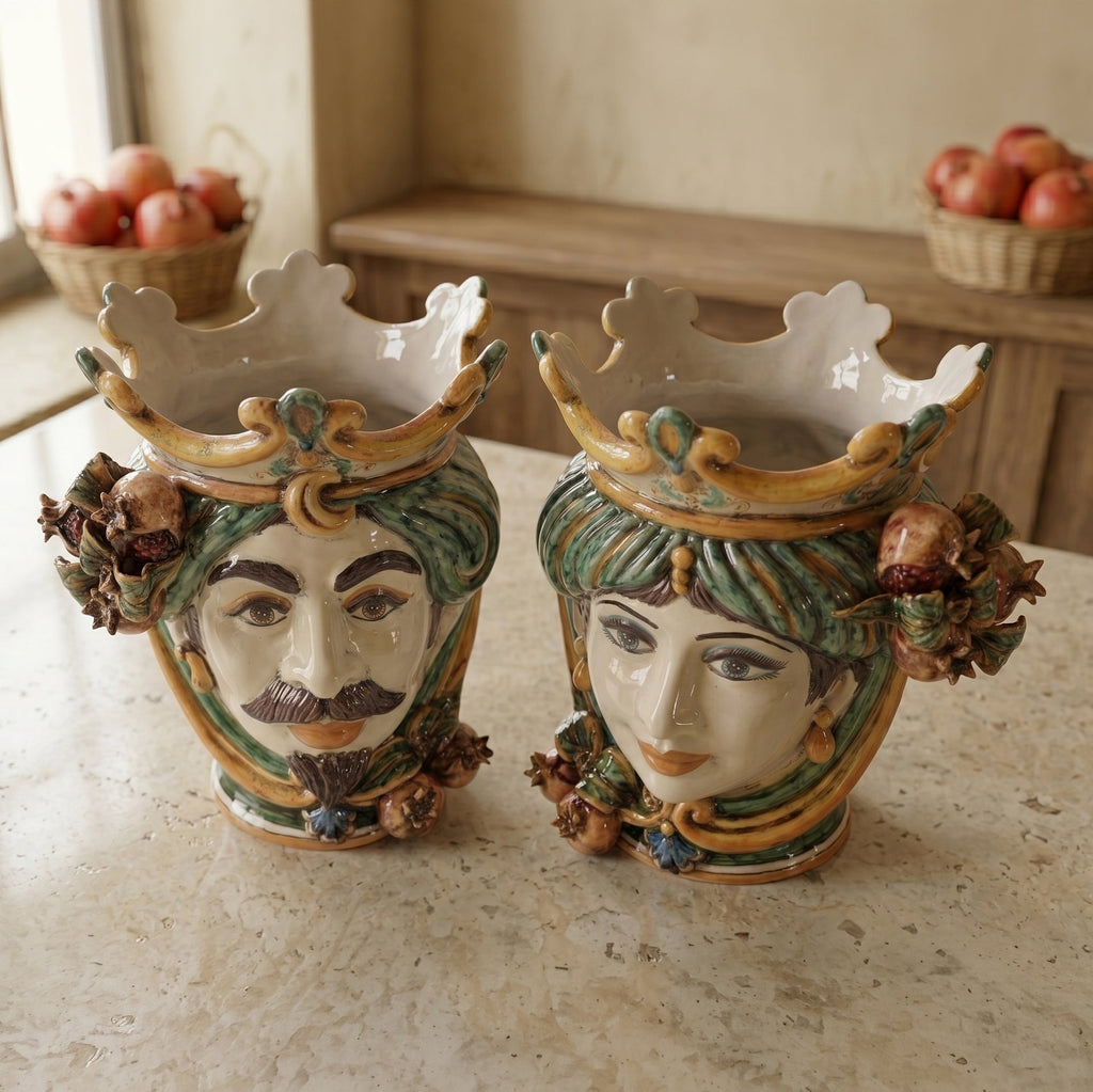 Testa di Moro con Melograni, Donna, Verde e Arancio, corona. Ceramiche Sofia, Caltagirone