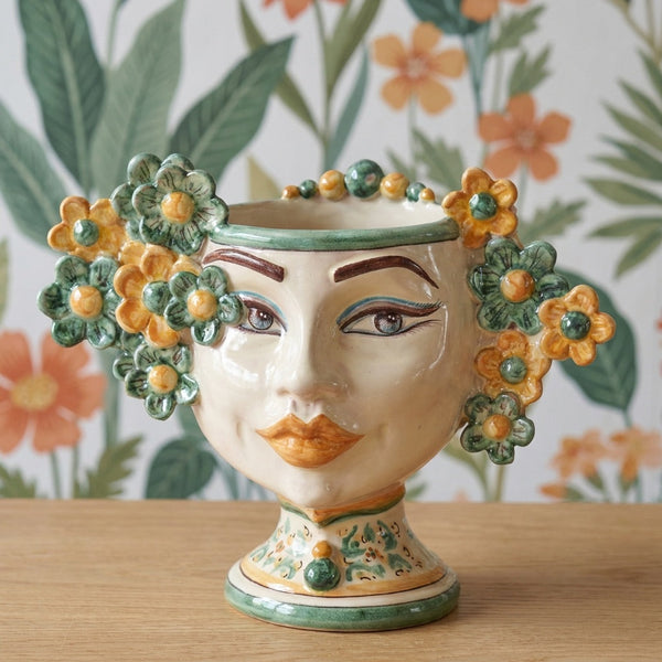 Testa di Moro con Fiori h 20 cm, Verde e Arancio