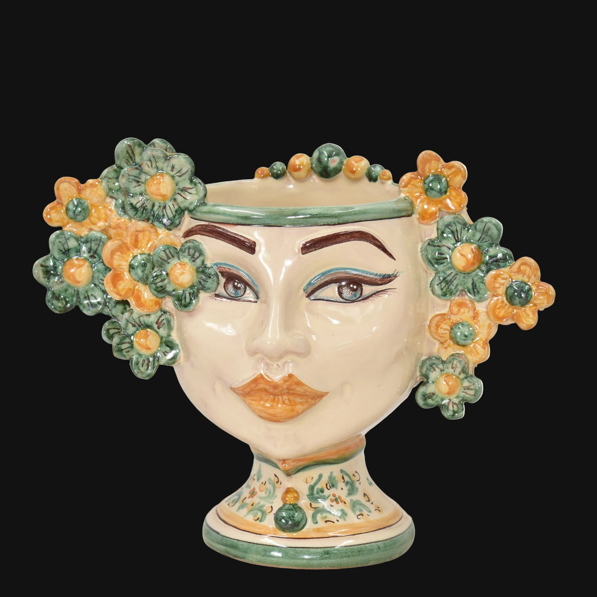 Testa di Moro con Fiori, Verde e Arancio. Ceramica siciliana di Caltagirone, Sofia