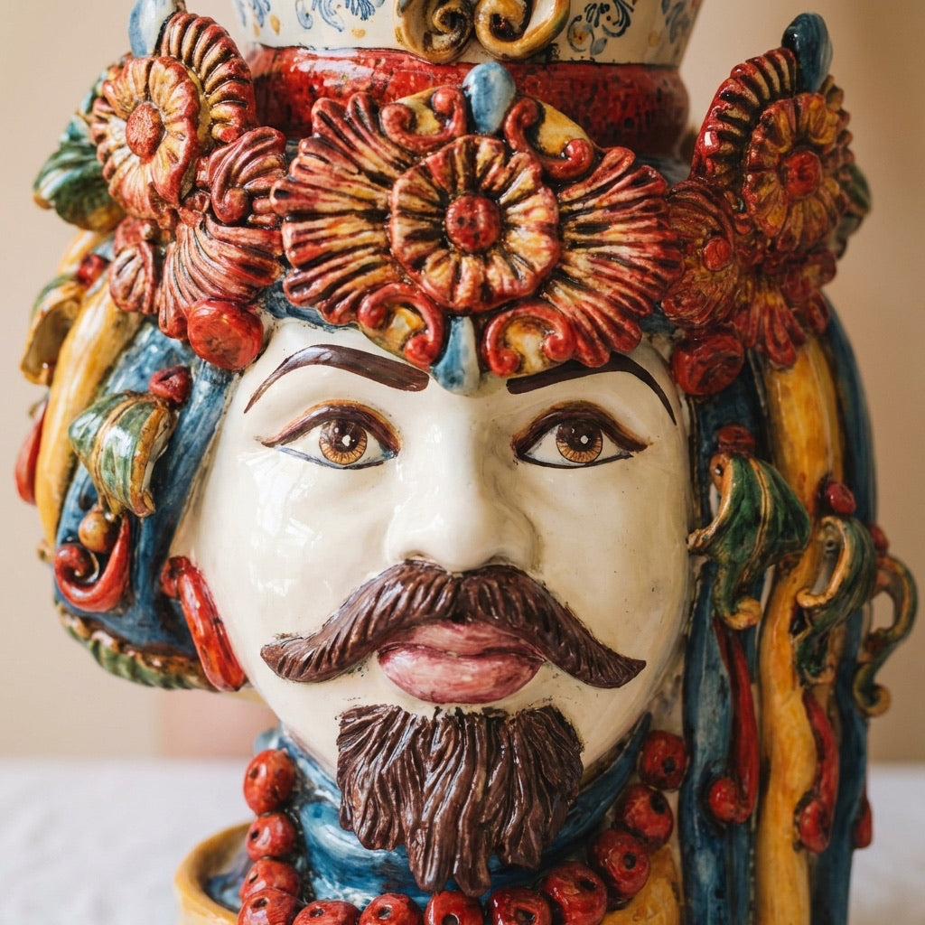 Handcrafted Teste di Moro ceramic vase with vibrant floral crown, beard, and traditional Sicilian design