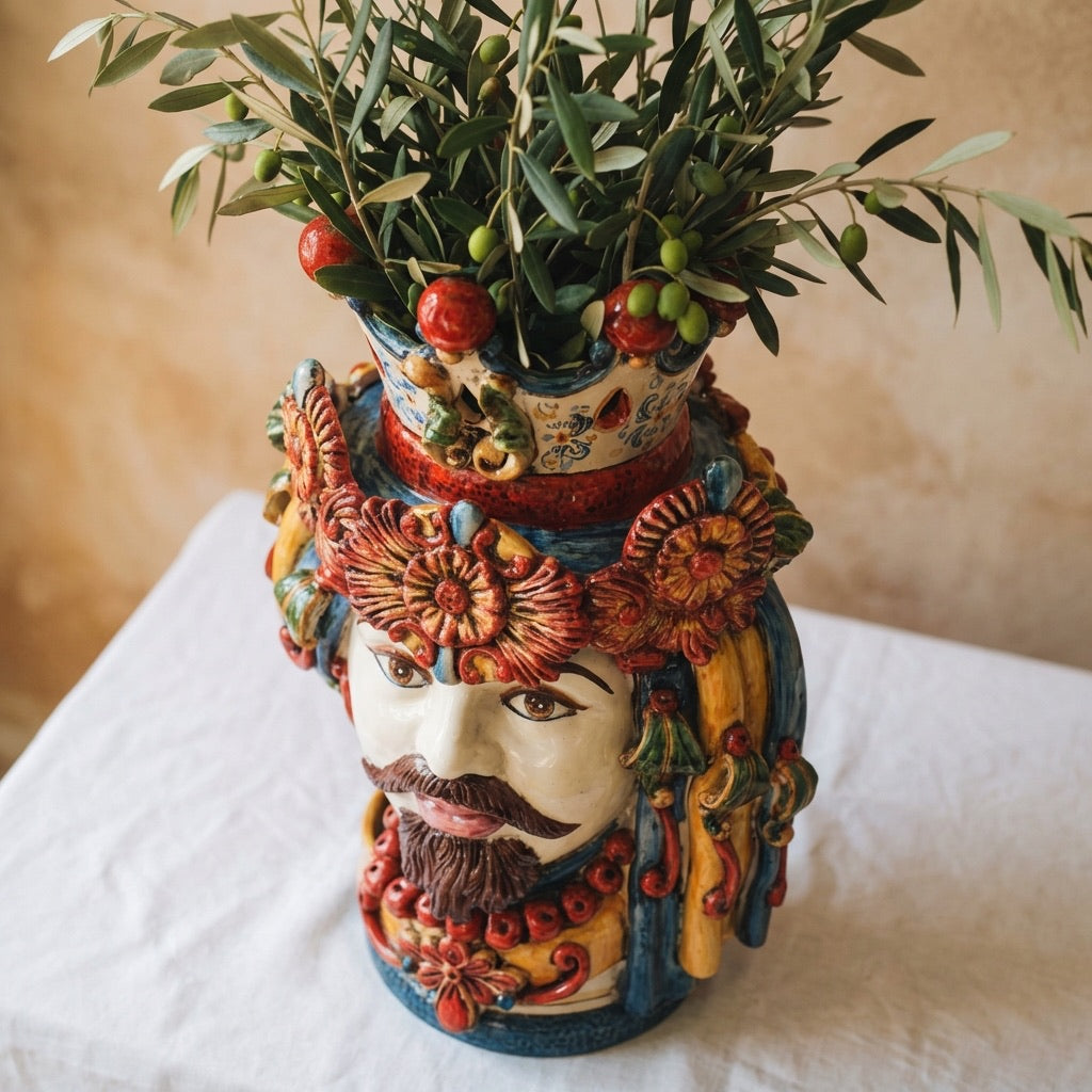 Handmade Teste di Moro vase with colorful ceramic face, holding olive branches and fruit, perfect for home decor.