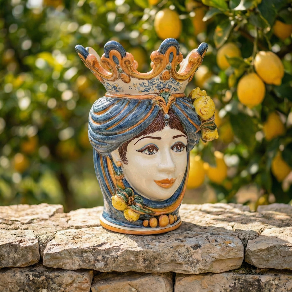 Testa di Moro con Limoni, Donna, Blu e Arancio. Ceramiche Sofia, Caltagirone