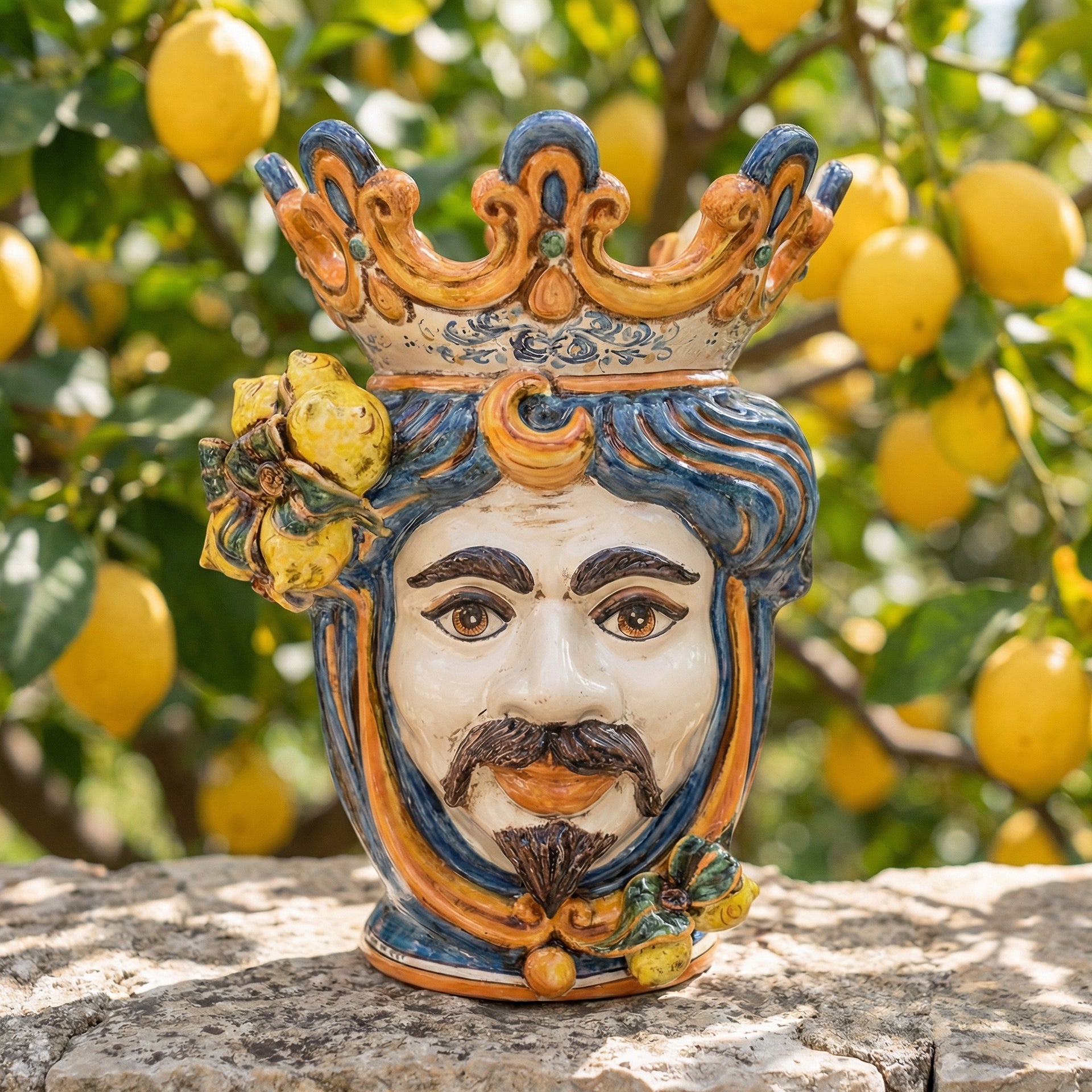 Handcrafted Teste di Moro ceramic vase with crown and lemons, traditional Sicilian decor for home or garden