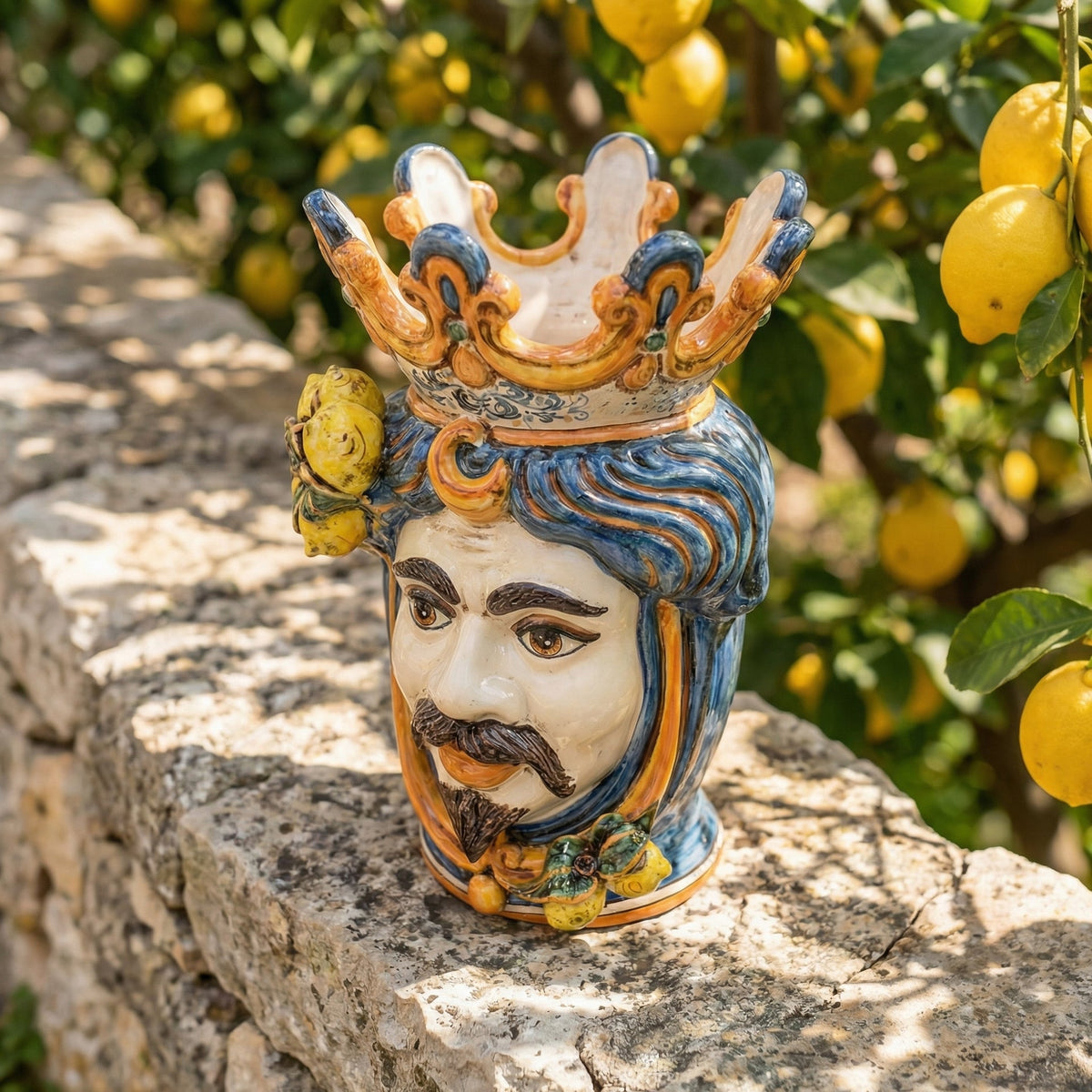 Testa di Moro con Limoni, Maschio Bianco, Blu e Arancio. Ceramiche Sofia, Caltagirone