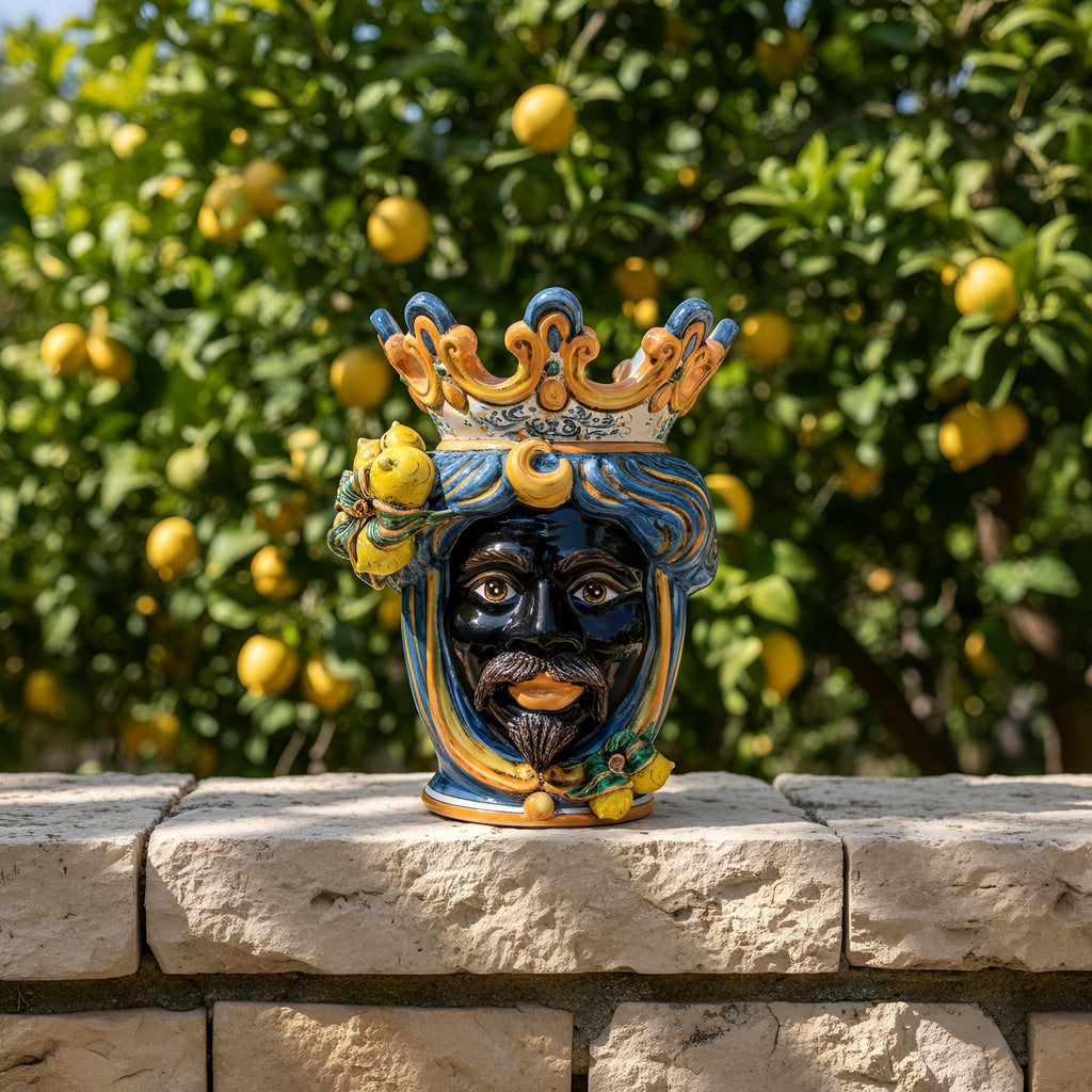 Handmade Teste di Moro ceramic with crown and lemons, traditional Sicilian decor on stone wall