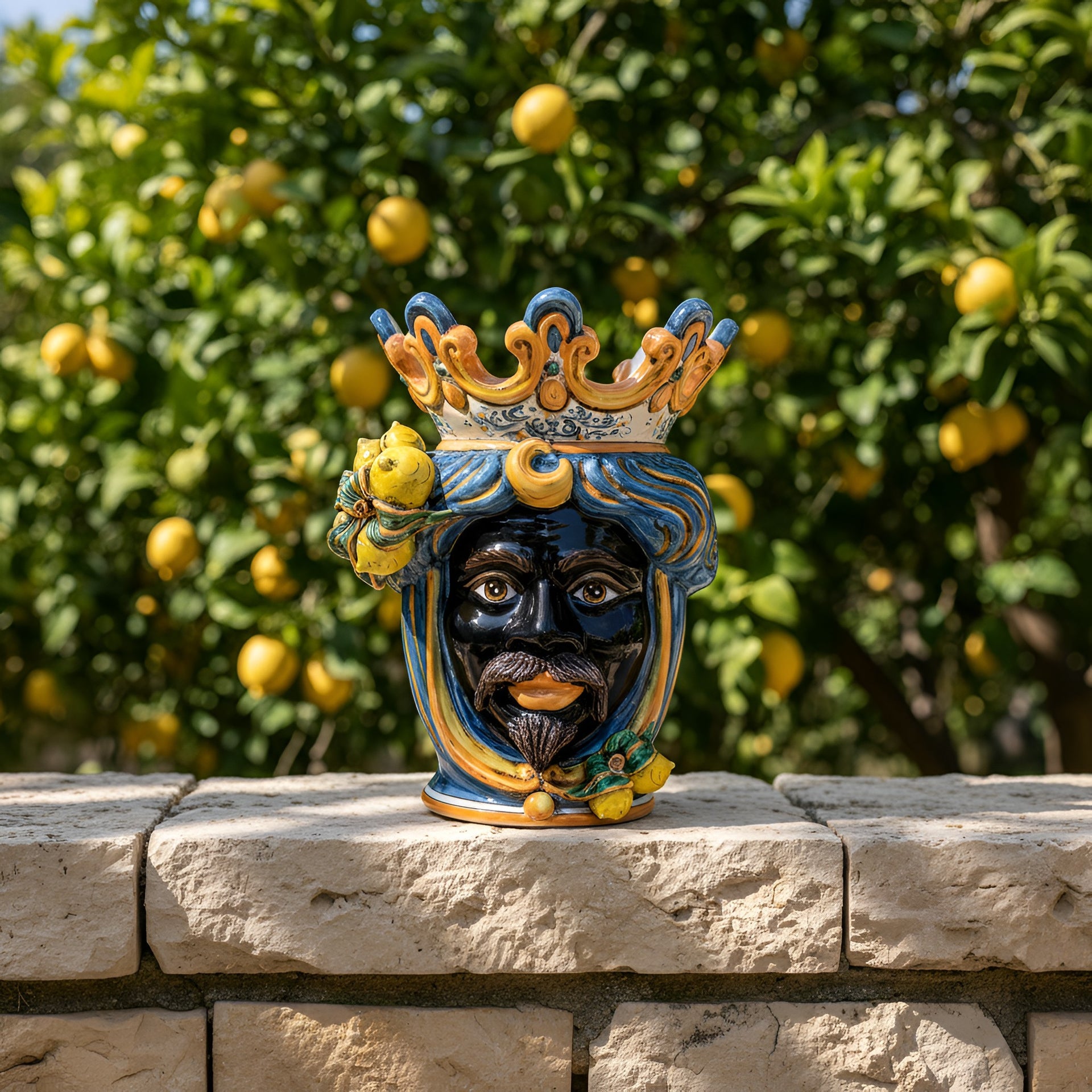 Handmade Teste di Moro ceramic with crown and lemons, traditional Sicilian decor on stone wall