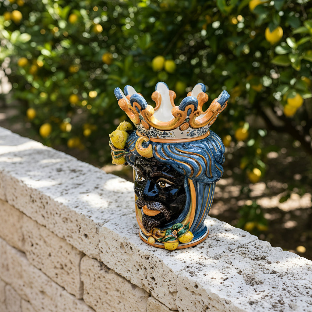 Handmade Teste di Moro ceramic vase with crown and lemons, Sicilian art for home decor