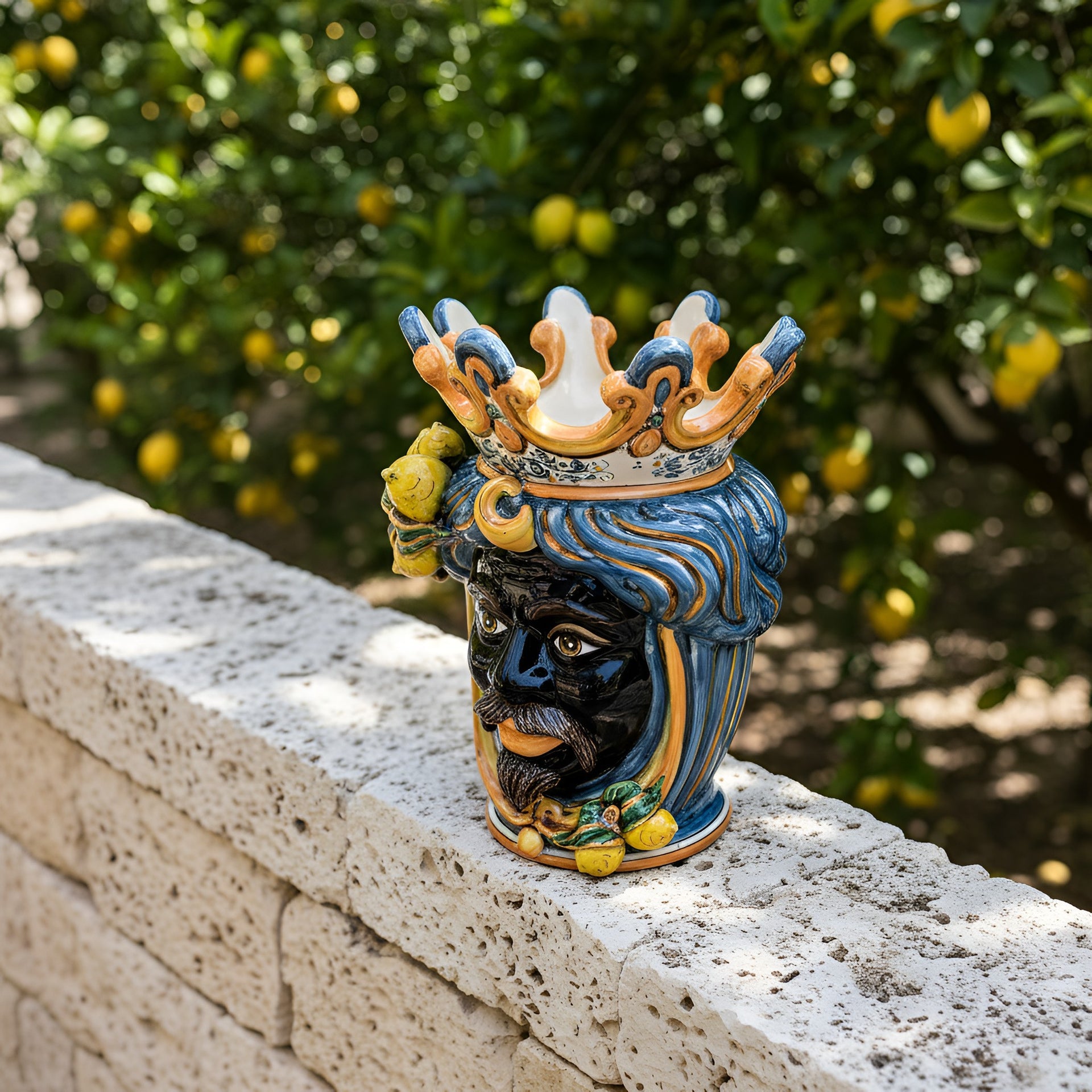 Handmade Teste di Moro ceramic vase with crown and lemons, Sicilian art for home decor