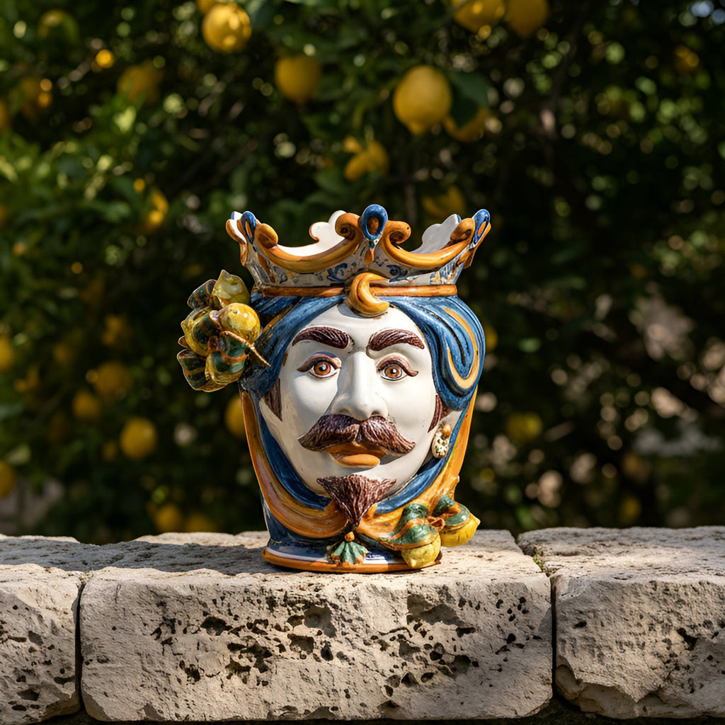 Handmade Teste di Moro ceramic vase with crown, blue hair, mustache, lemon accents, on stone wall