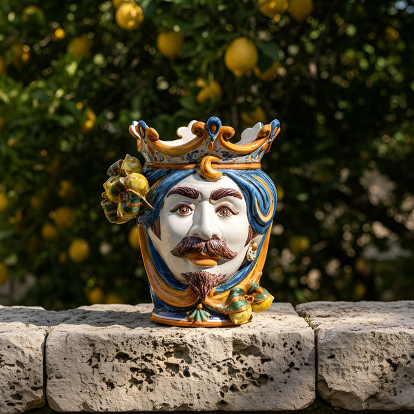 Testa di Moro con Limoni h 25 cm - Maschio Bianco, Blu e Arancio