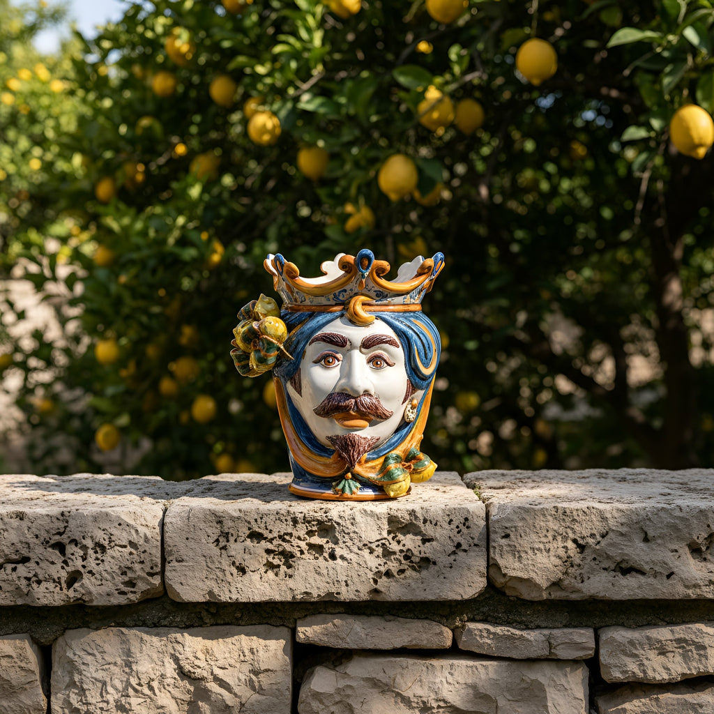 Testa di Moro con Limoni, Maschio Bianco, Blu e Arancio, corona. Ceramica siciliana di Caltagirone, Sofia