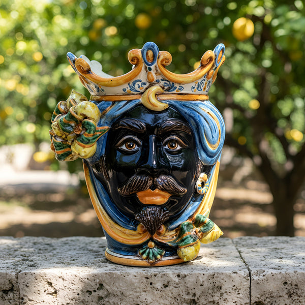 Testa di Moro con Limoni h 25 cm - Maschio Moro, Blu e Arancio