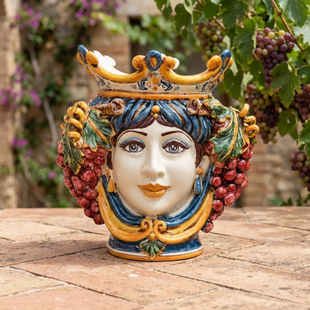 Handcrafted Teste di Moro ceramic vase with crown, grapes, and vibrant colors, perfect for home decor