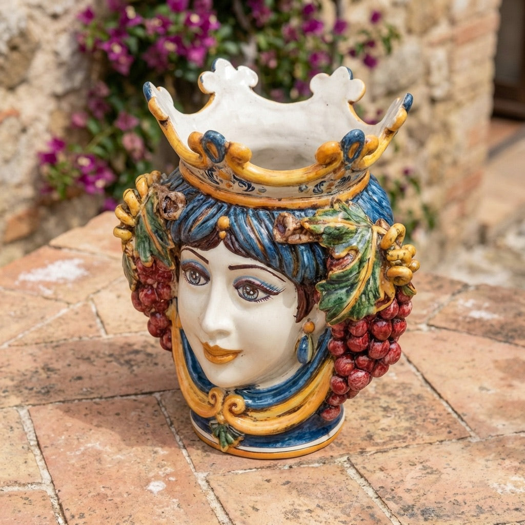 Handmade Teste di Moro ceramic vase with crown, grapes, and vibrant colors, perfect for home decor