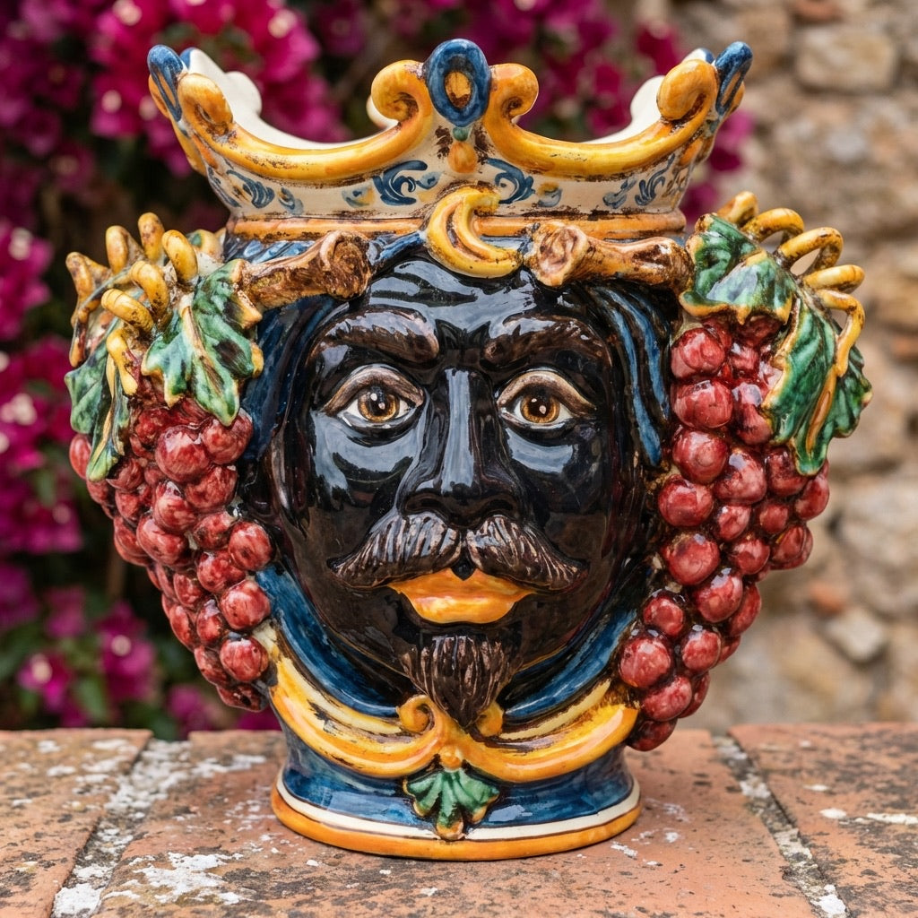 Handmade Teste di Moro ceramic vase with crown, grapes, and bold colors, blending tradition and modern design.