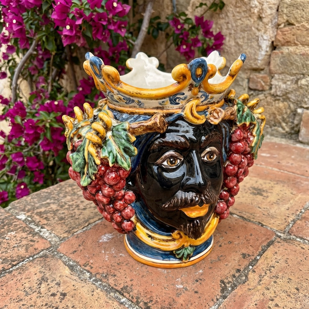 Handmade Sicilian Testa di Moro vase with crown, grapes, and vibrant colors, perfect for Mediterranean decor.