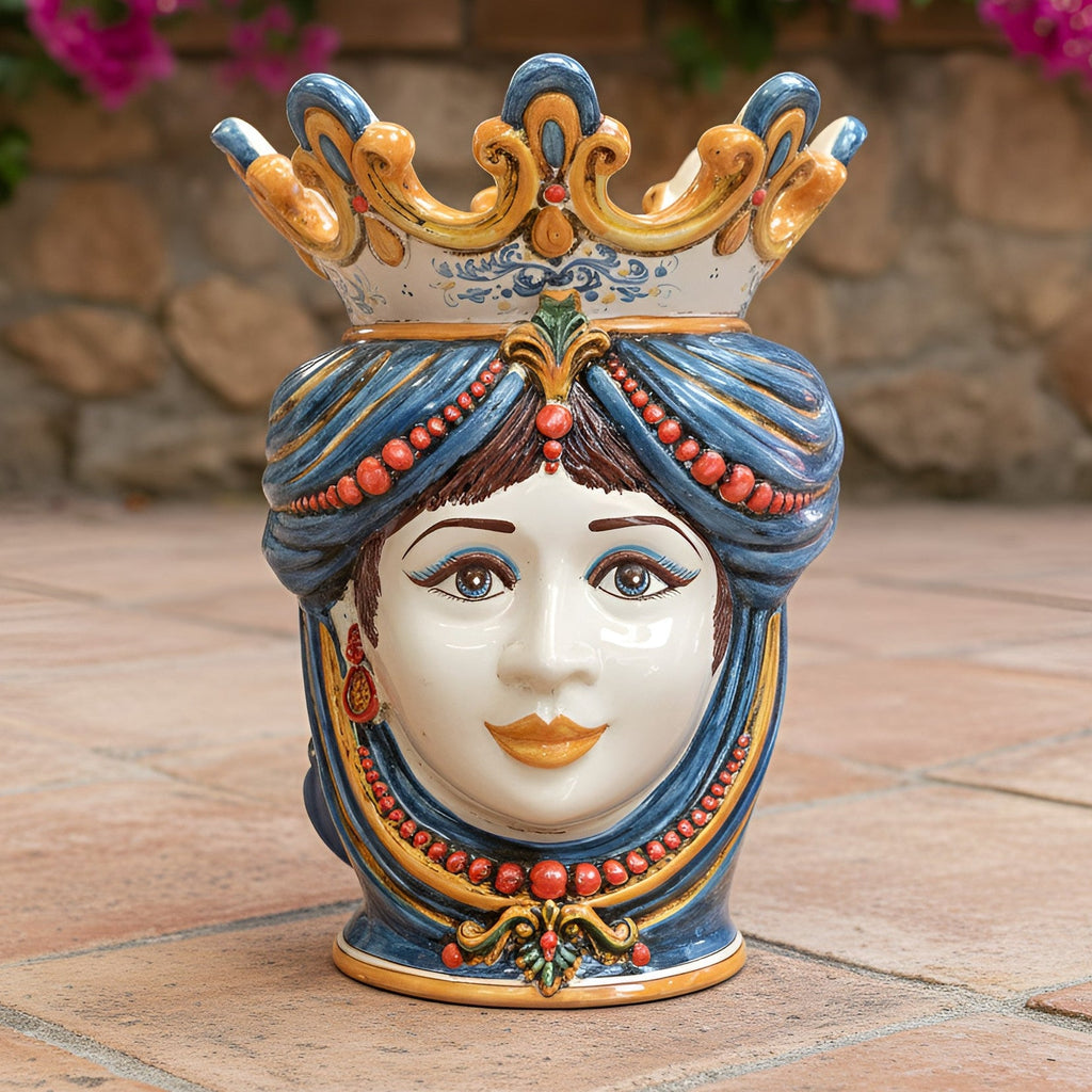 Hand-painted ceramic Testa di Moro with blue turban, crown, and red beads, traditional Sicilian decor
