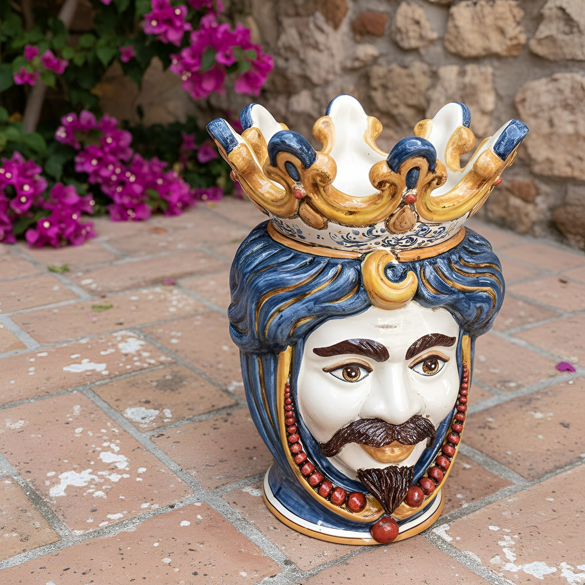 Testa di Moro con Perline, Maschio Bianco, Decoro Sicily. Ceramiche Sofia, Caltagirone