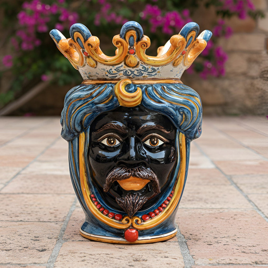 Handcrafted Teste di Moro ceramic vase with crown, blue hair, and vibrant colors for home decor