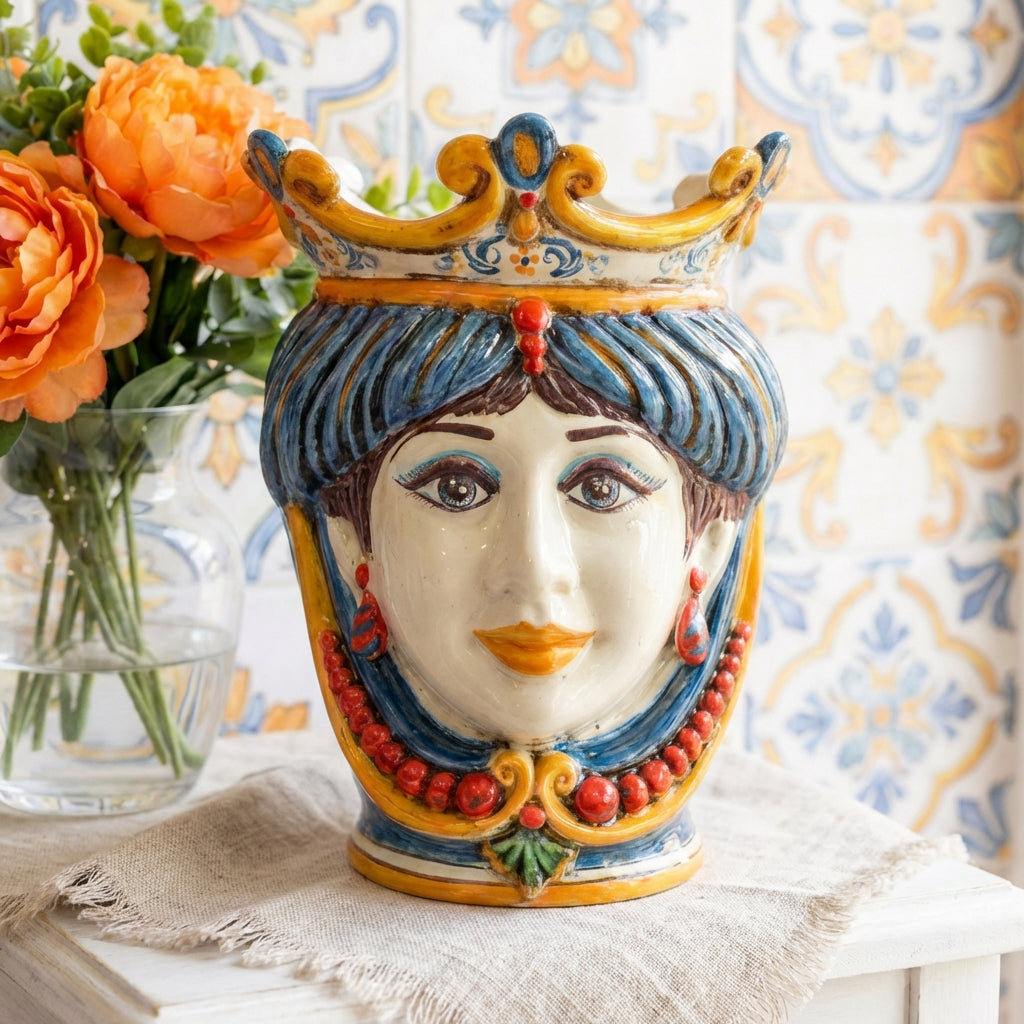Hand-painted Sicilian Testa di Moro vase with crown, blue hair, and red beads, set against patterned tiles.