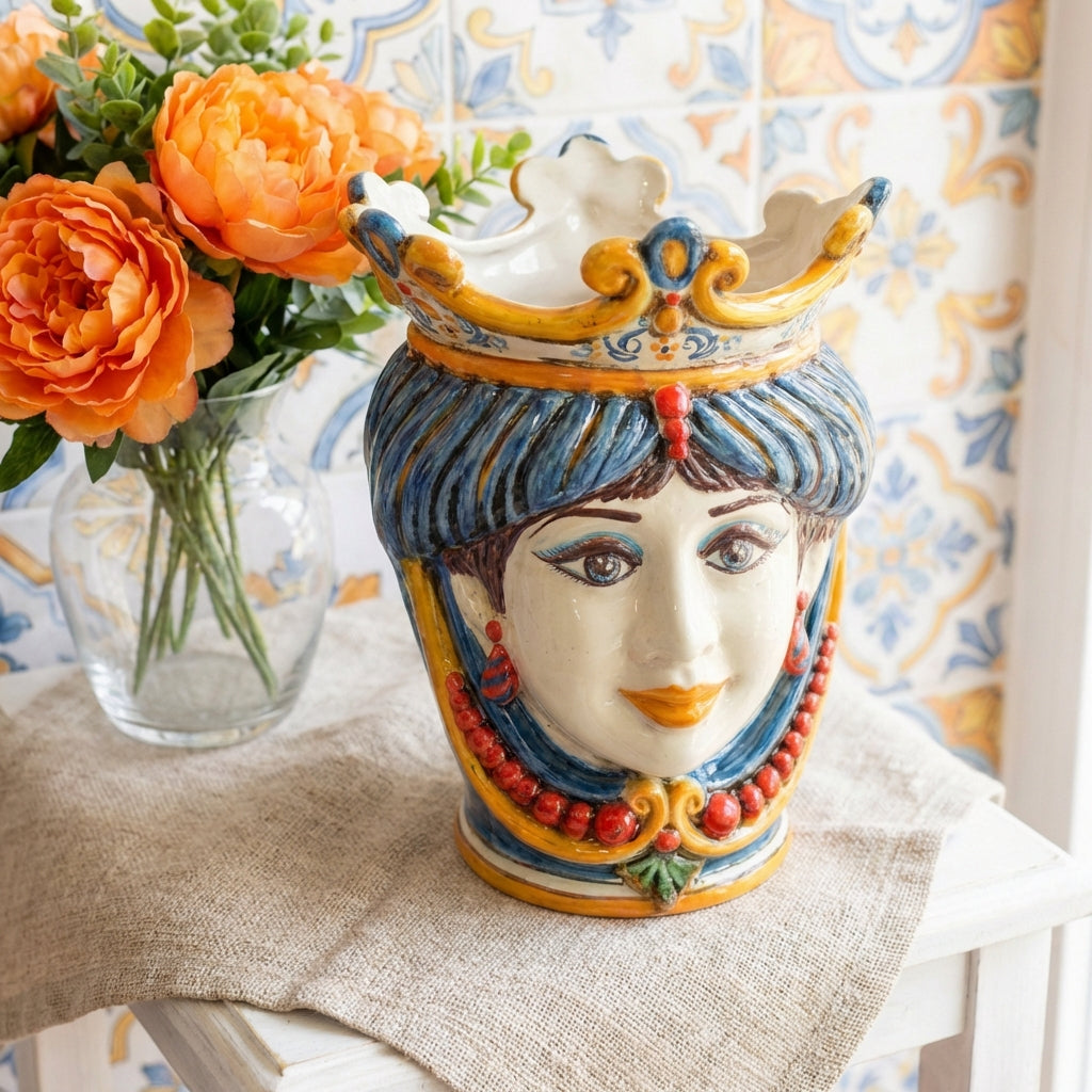 Handmade Sicilian Testa di Moro vase with crown, blue hair, red beads, and vibrant colors, styled with orange peonies.