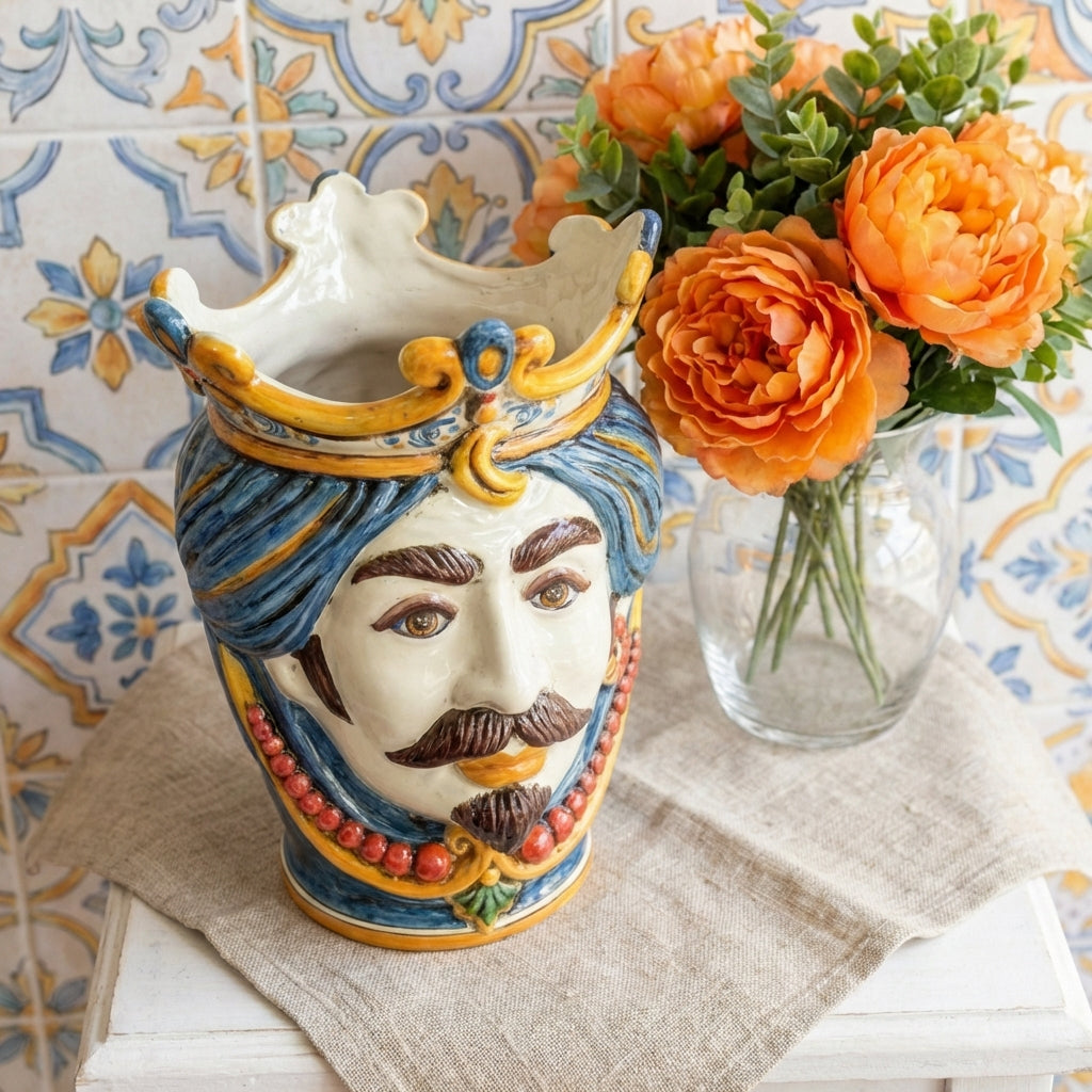 Handmade Teste di Moro ceramic vase with crown, blue turban, and red beads, styled with orange roses on tiled backdrop