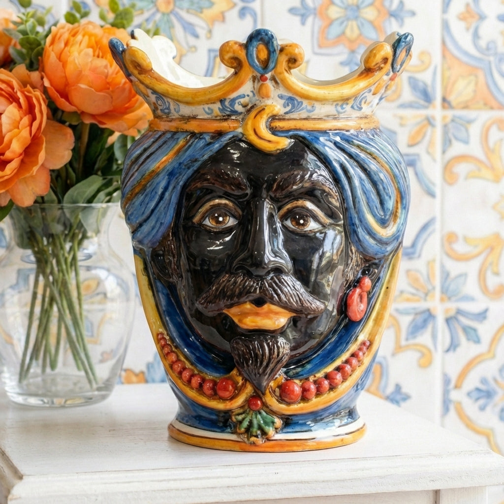 Handmade Teste di Moro ceramic vase with crown, blue turban, and vibrant colors, perfect for home decor.