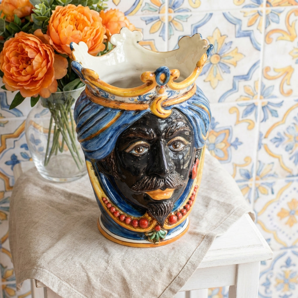 Handmade Teste di Moro vase with blue turban, crown, and colorful details, set against patterned tiles