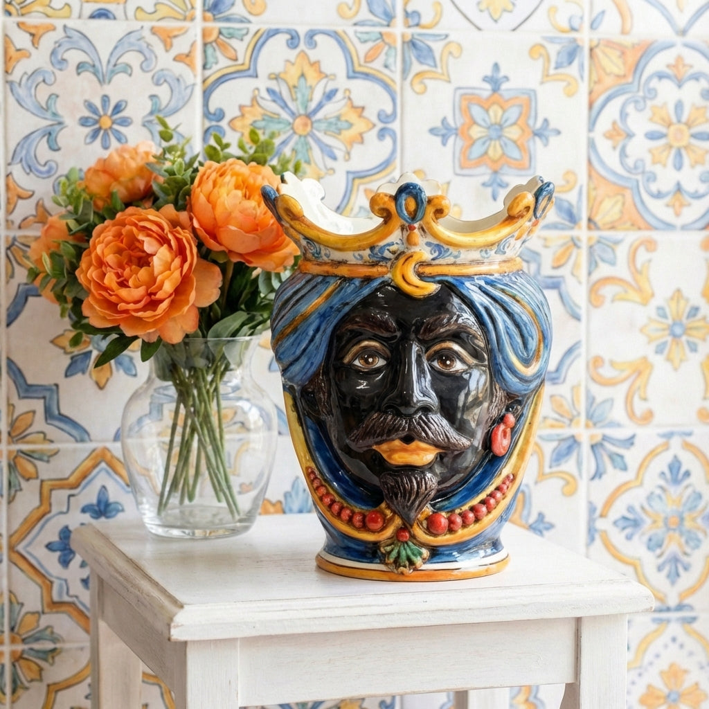 Handcrafted Teste di Moro vase with crown, blue turban, and vibrant colors, displayed on white table with orange flowers.