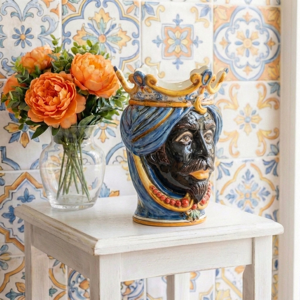 Handmade Teste di Moro ceramic vase with crown, displayed on white table beside orange roses against patterned tiles