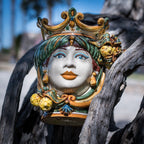 Handmade Sicilian Testa di Moro with crown, vibrant colors, and ornate details, perfect for home decor.
