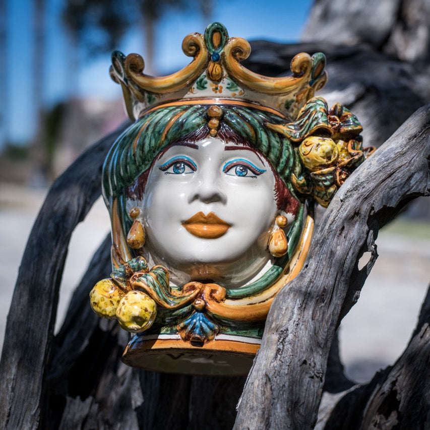 Handmade Sicilian Testa di Moro with crown, vibrant colors, and ornate details, perfect for home decor.
