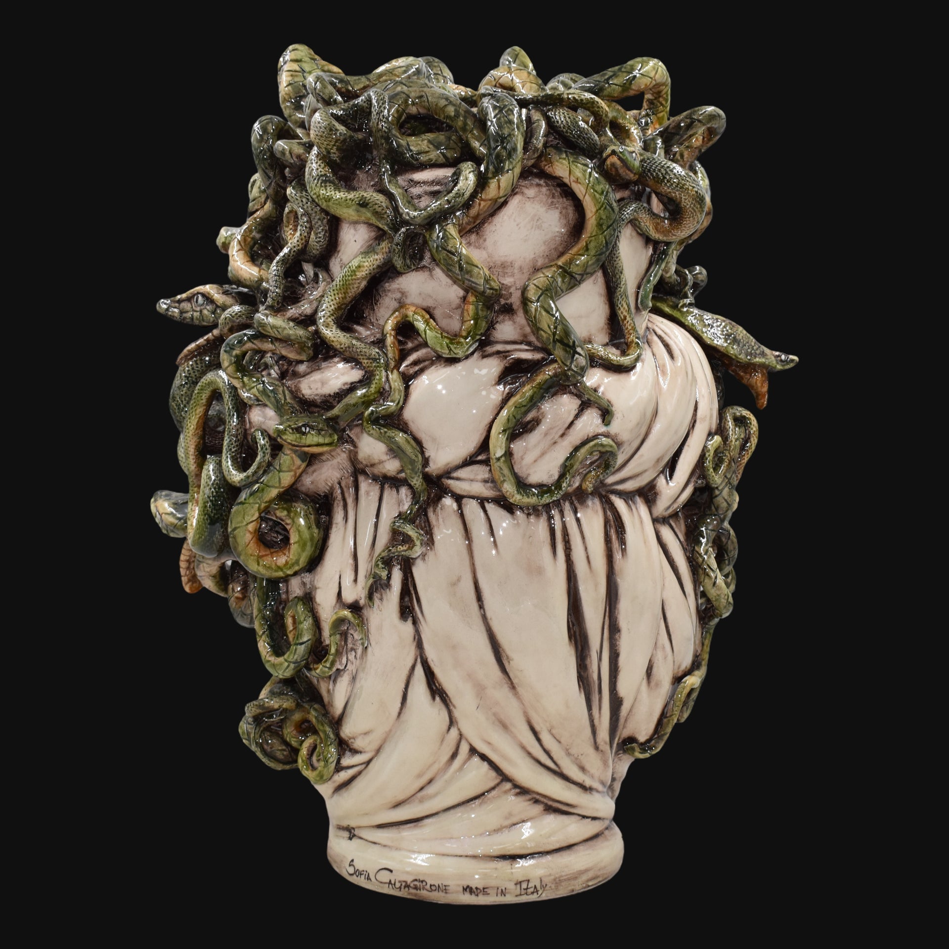 Handcrafted Medusa head sculpture with green snakes, Italian ceramic art, unique home decor piece