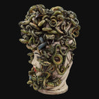Handcrafted Medusa head sculpture with green snakes, ceramic art for modern home decor