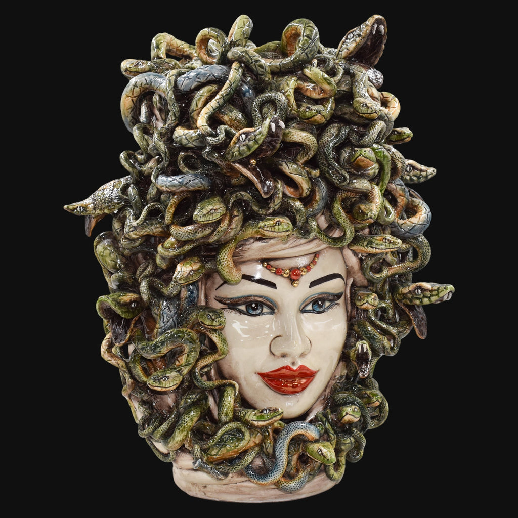 Handmade ceramic Medusa head sculpture with snake hair, vibrant colors, perfect for modern or traditional decor.
