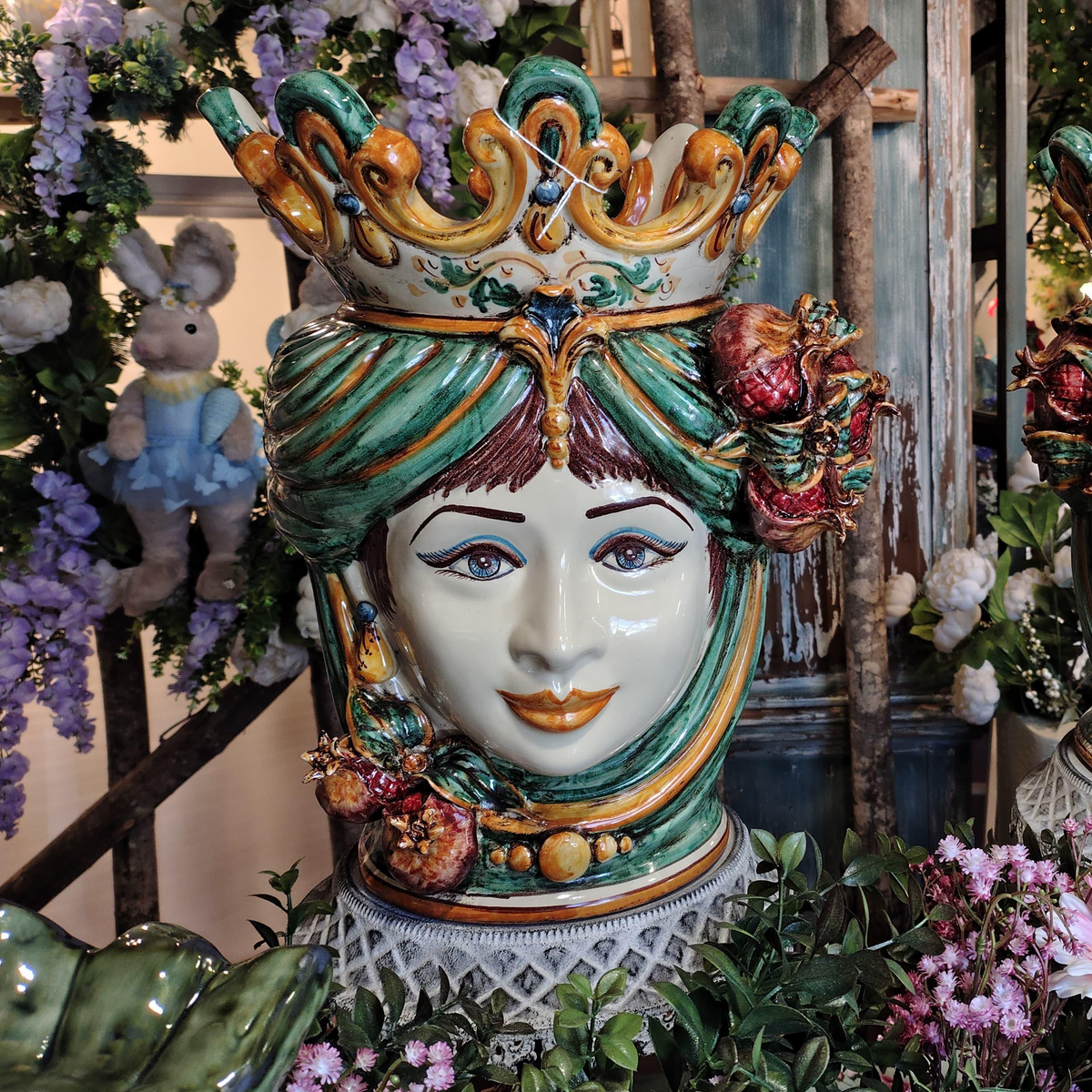 Testa di Moro con Melograni, Donna, Verde e Arancio. Ceramiche Sofia, Caltagirone