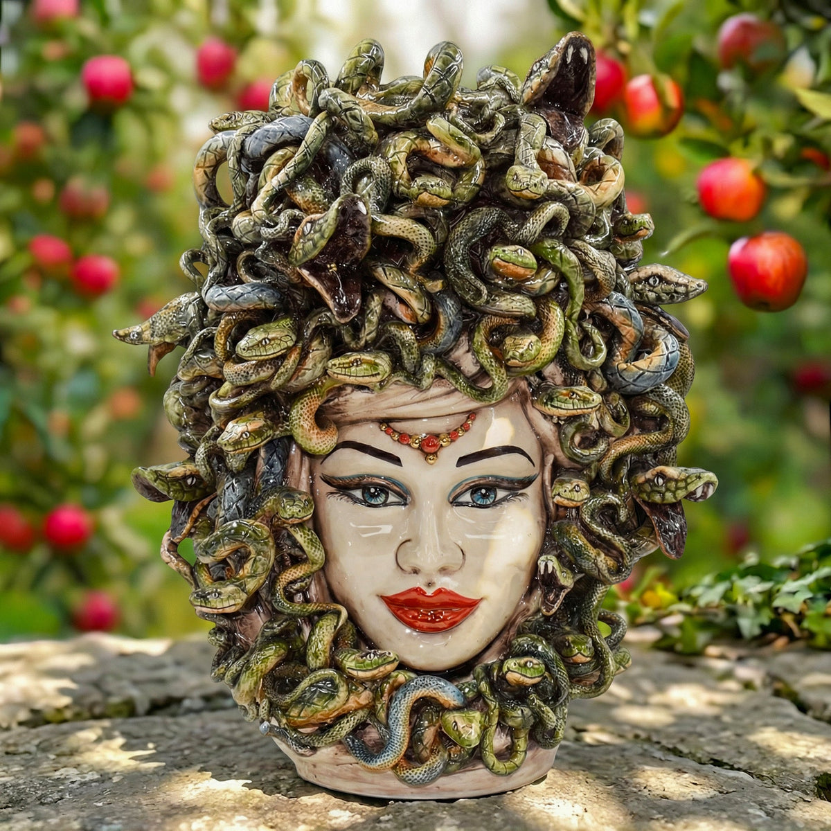 Testa Medusa, Madreperla Antichizzato, chioma di serpenti, mito greco. Ceramica siciliana di Caltagirone, Sofia