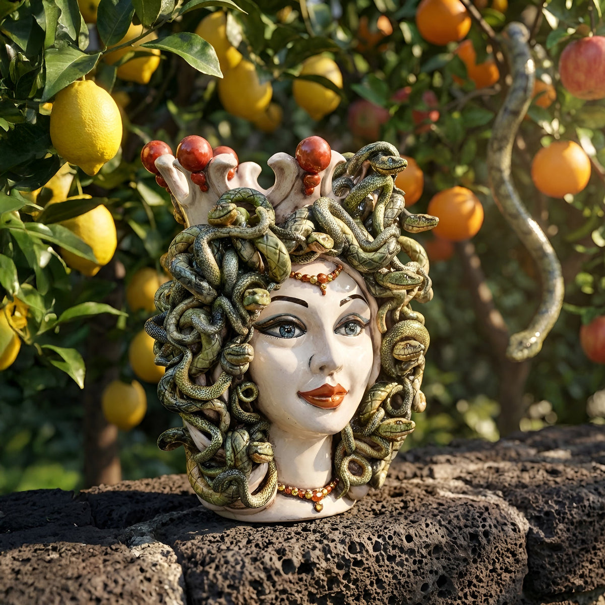 Testa Medusa, Madreperla, chioma di serpenti. Ceramiche Sofia, Caltagirone
