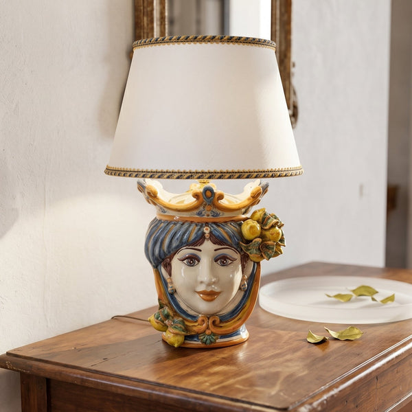 Tischlampe mit Zitronen H 55 cm (Keramik H 25 cm, Stoffschirm Ø 35 cm) – Weiblich, Blau und Orange