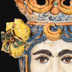 Handmade Sicilian Teste di Moro with vibrant blue hair, lemon accents, and ornate crown detail